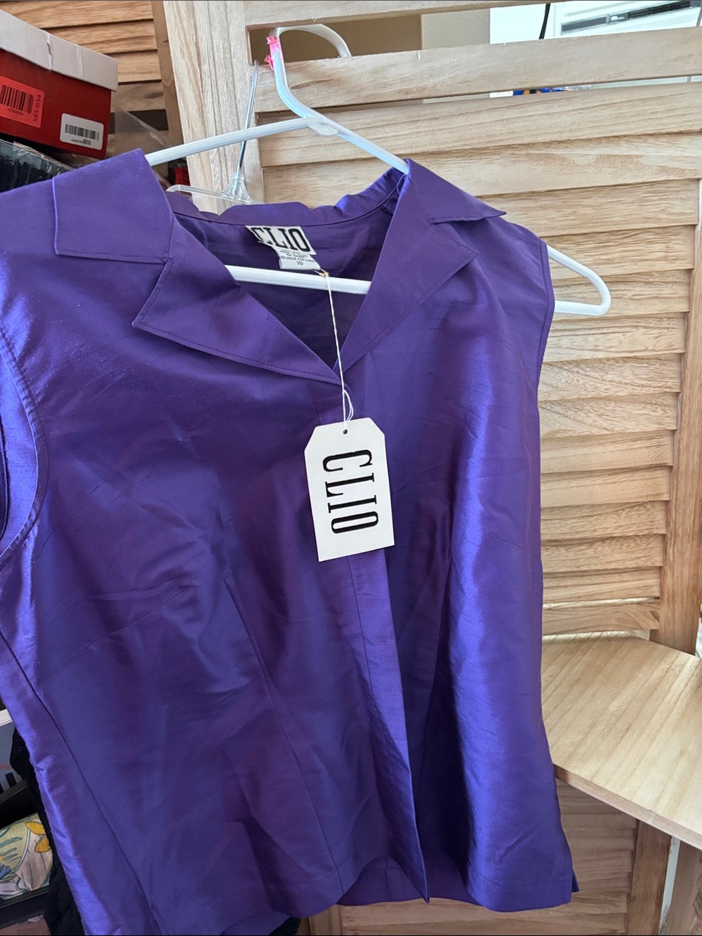 Clio Purple Silk Sleeveless Collared Blouse 10 NWT